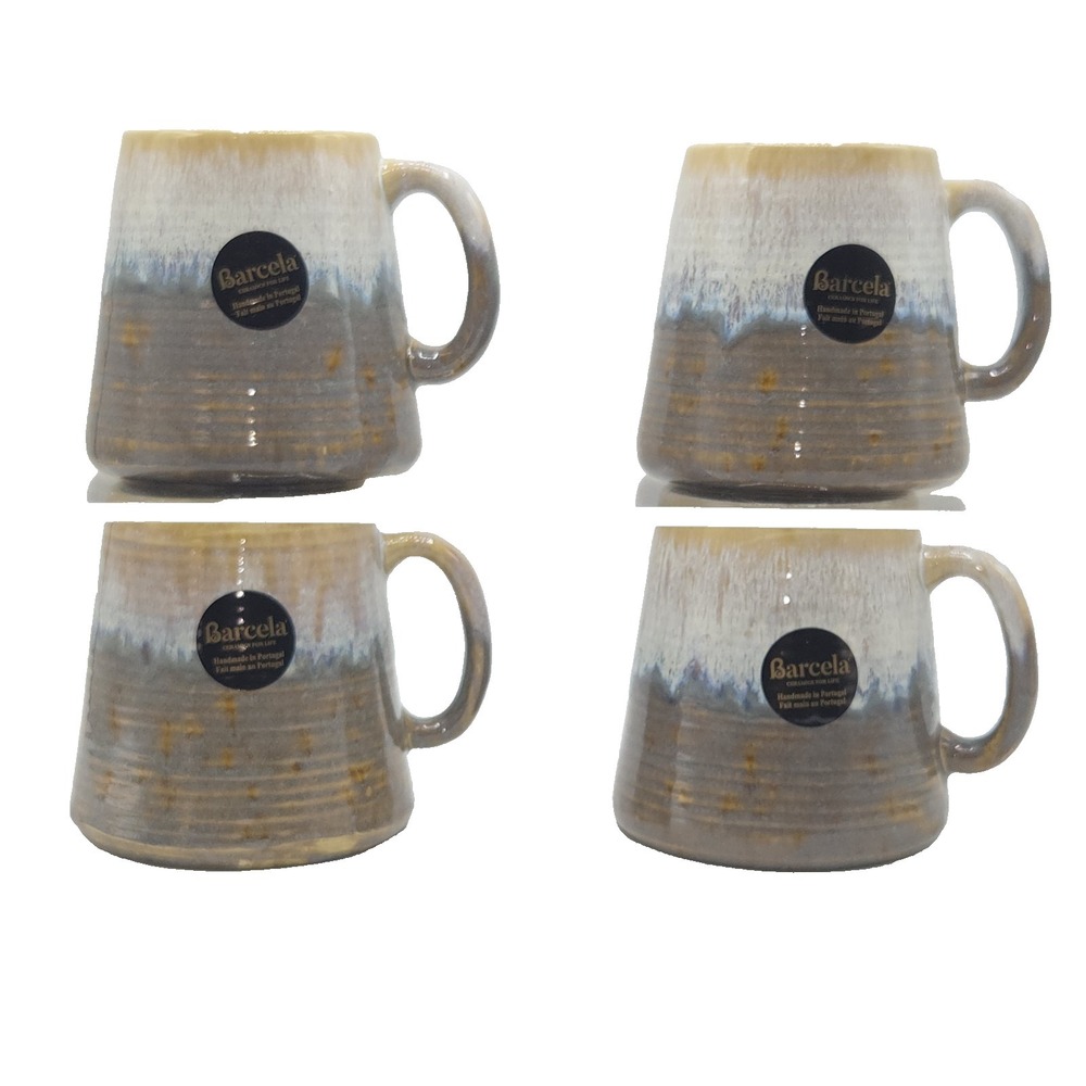 Barcela Stoneware Coffee Mugβ Set of 4 Tan Reactive Drip Glaze Made In Portugal